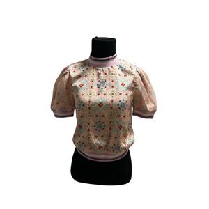 Lyn Around Pink Puff Sleeve Women's Blouse Crop Top Shirt Size XS